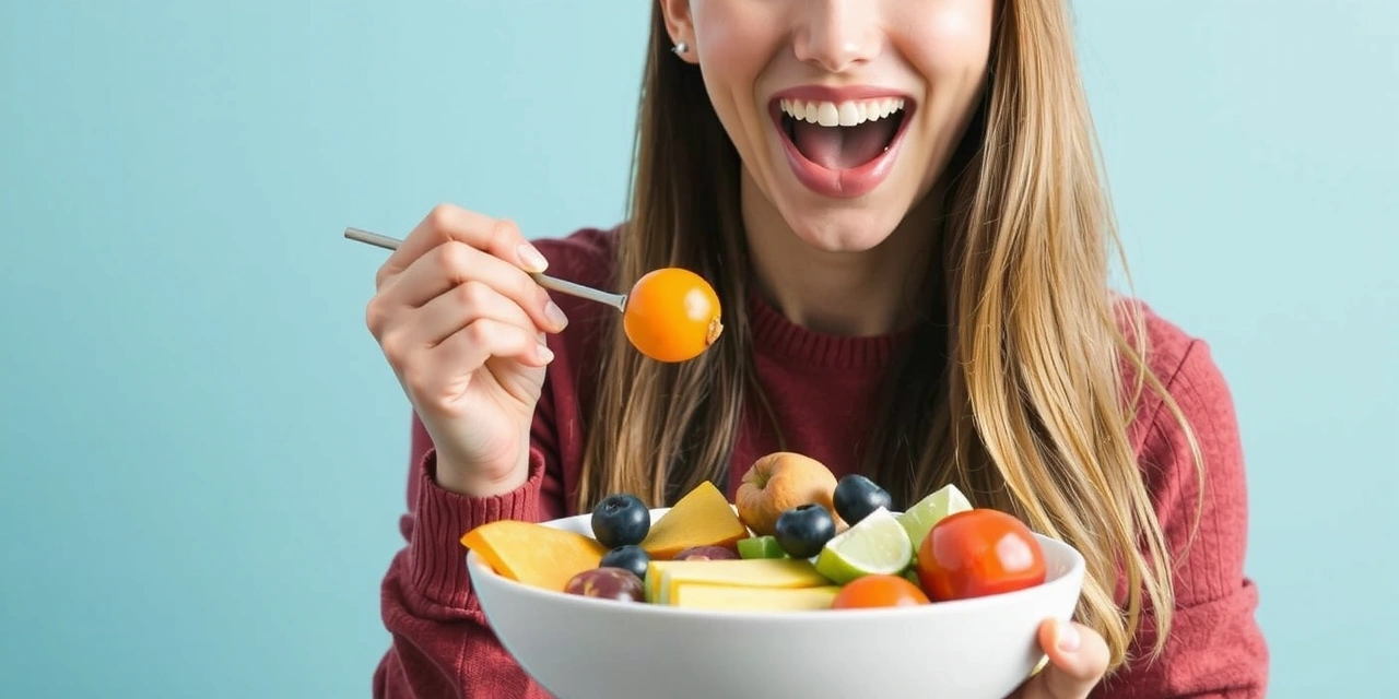 Image d'une personne souriante mangeant des fruits frais