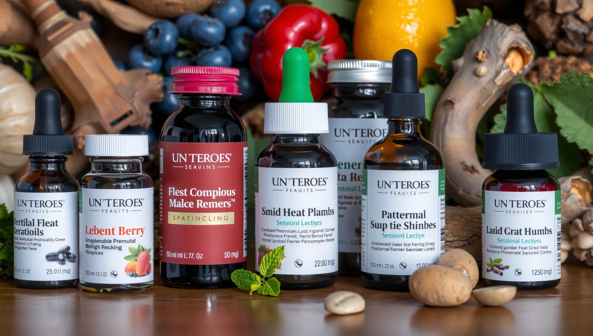 Assortiment de flacons de compléments alimentaires naturels avec des herbes et des fruits en arrière-plan