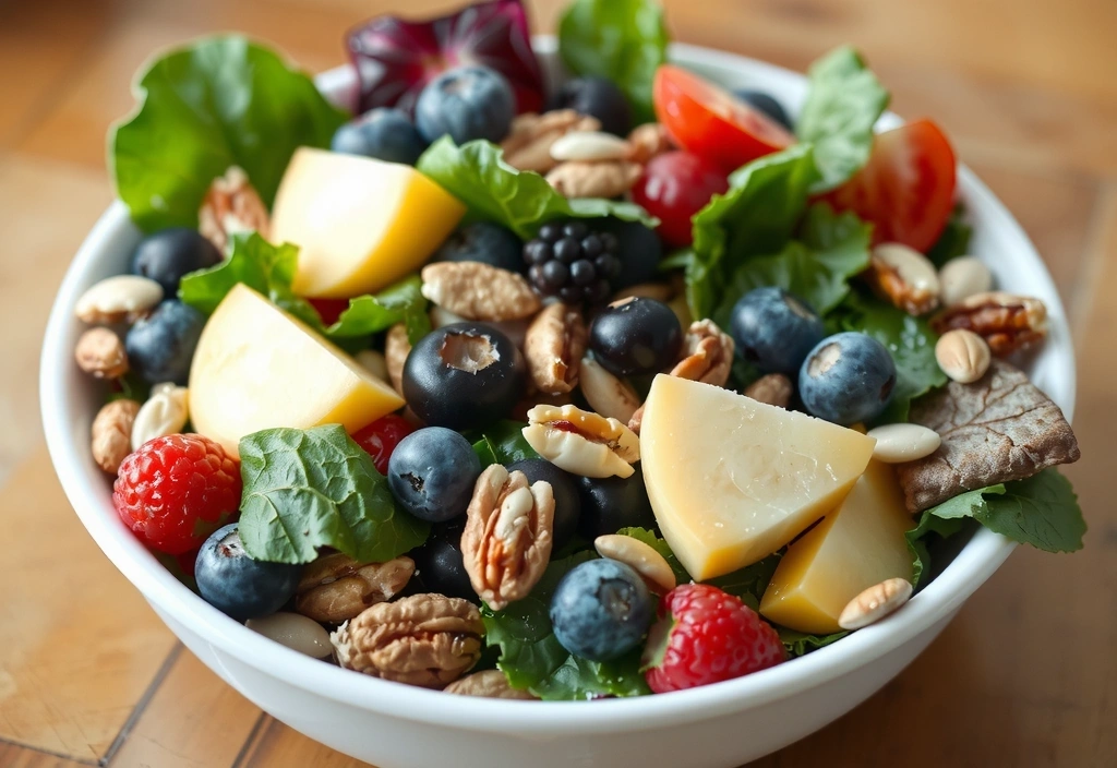 Diverses vitamines colorées sous forme de pilules et de gélules, avec des fruits et légumes frais en arrière-plan.